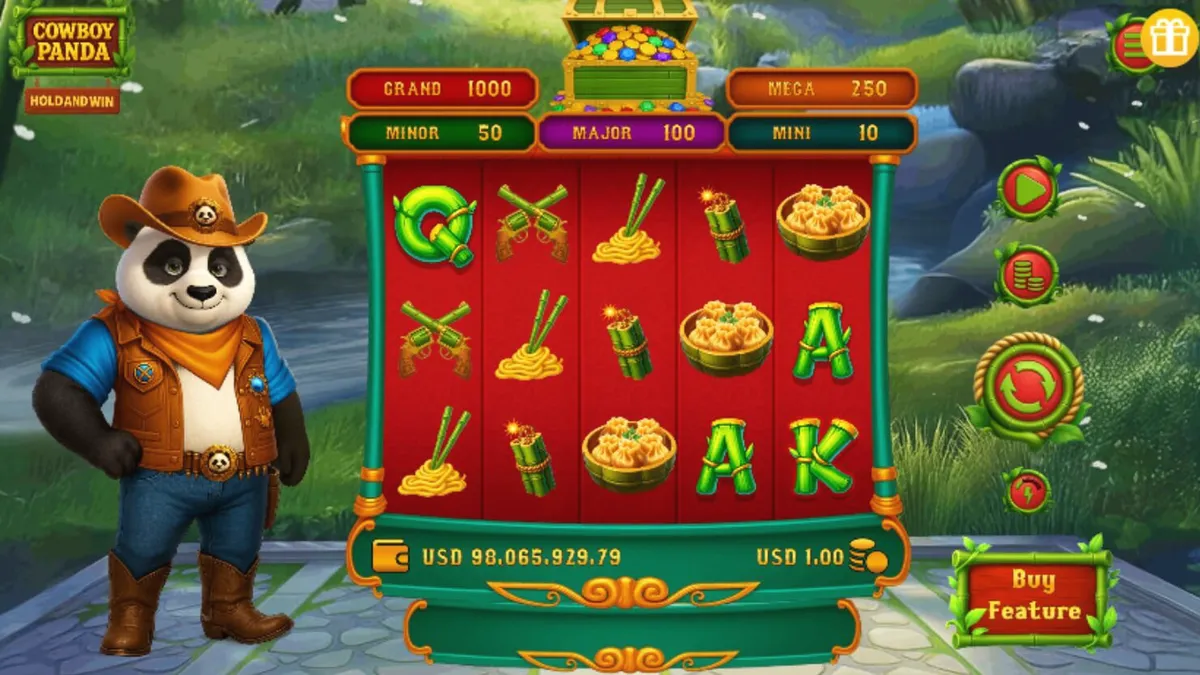 Cowboy Panda Hold & Spin slot machine interface na nagpapakita ng panda cowboy at mga bonus symbols.